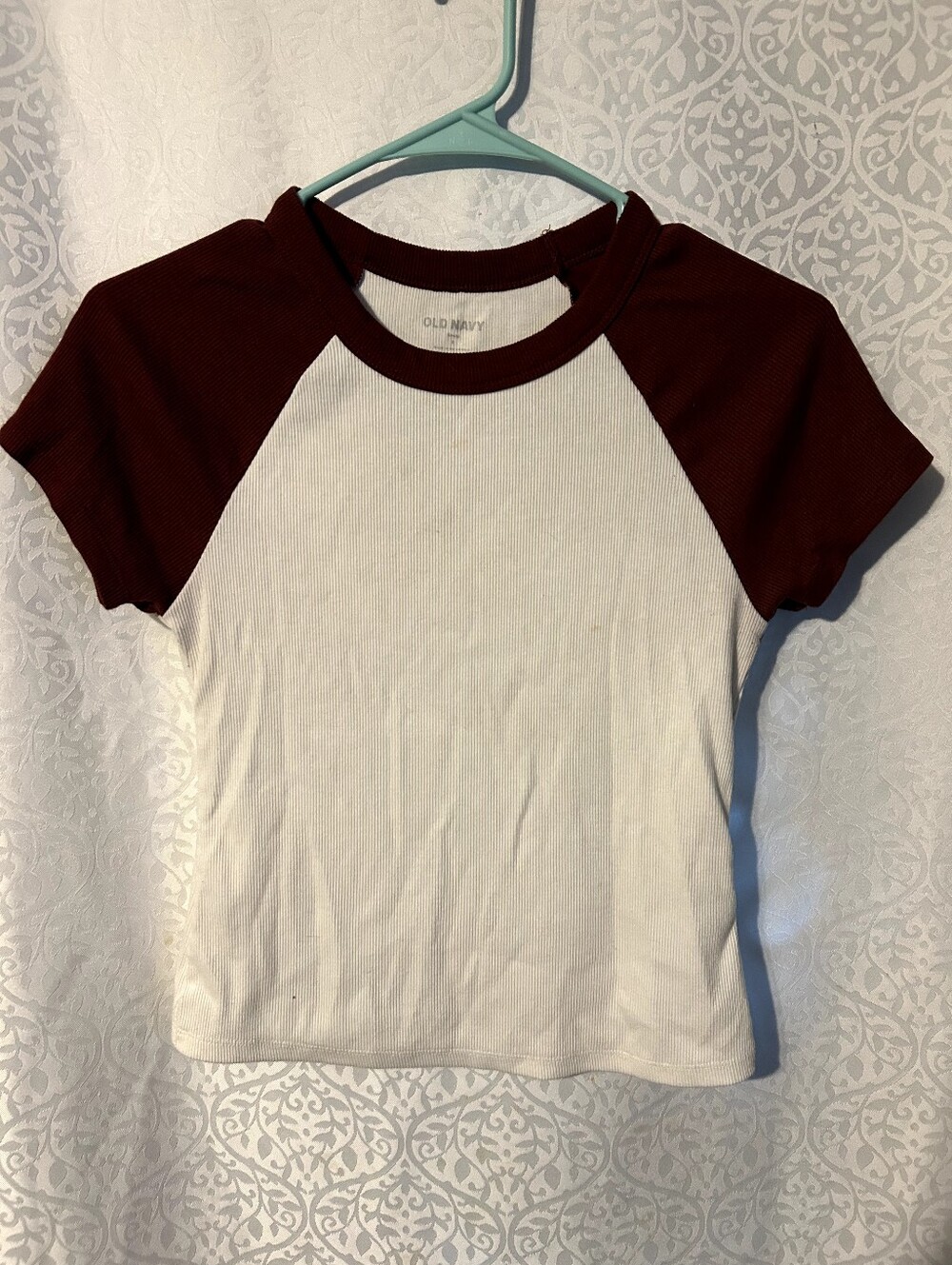 Old Navy White Tee with Burgundy Raglan Sleeves